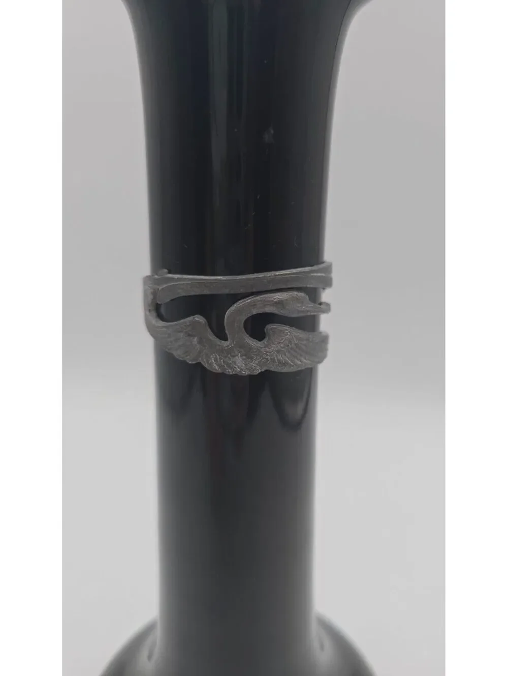 Vintage WMF Black Hyalith Glass Vase Pewter Swan Mount Germany Art Deco